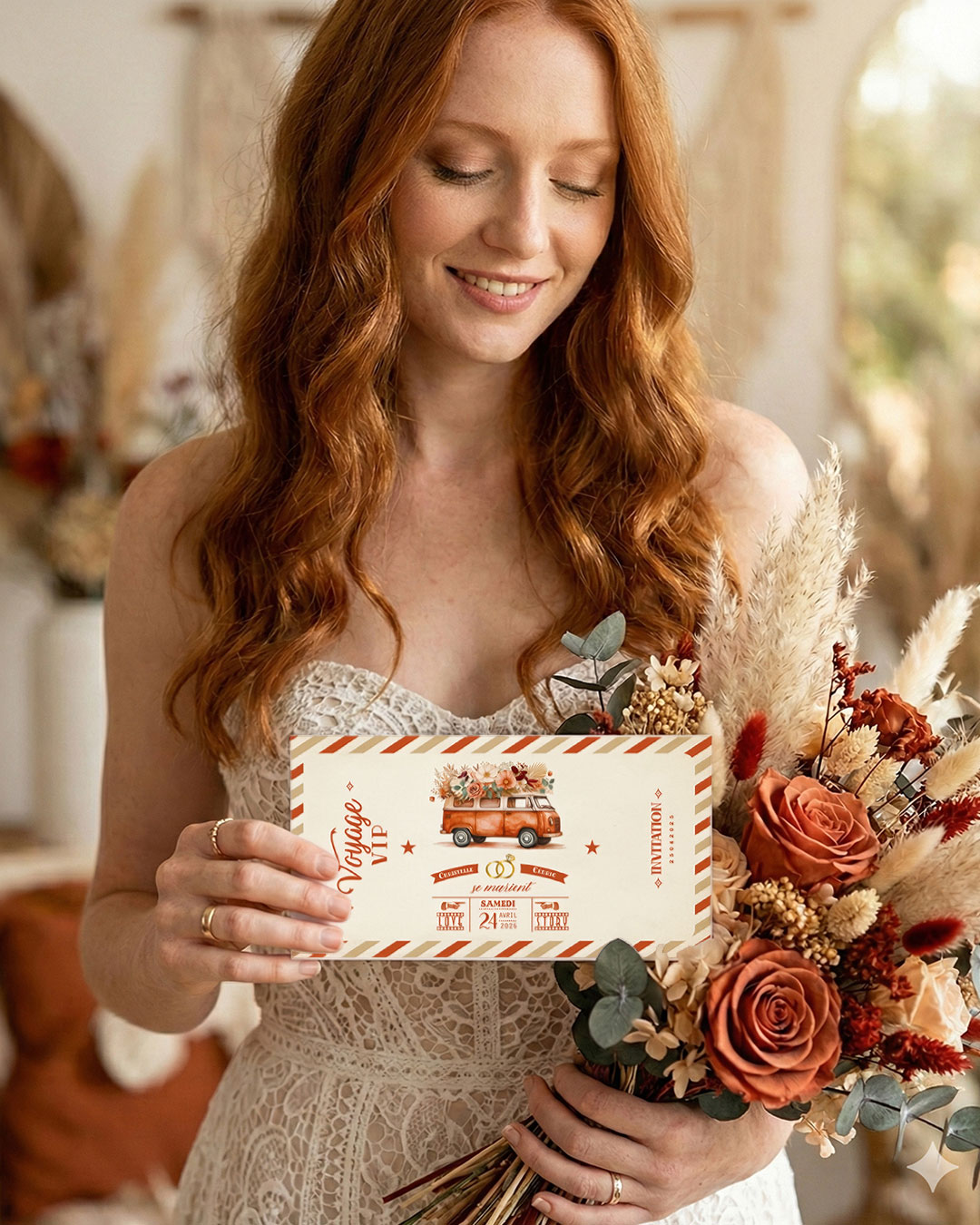 Faire-part Bohème terracotta original sous forme de billets ou de tickets vintage.Thème Voyage bohème vintage avec van combi volkswagen terracotta et fleurs de pampa Invitation vanlife pour mariage, Baptême, anniversaire, bar mitzvah