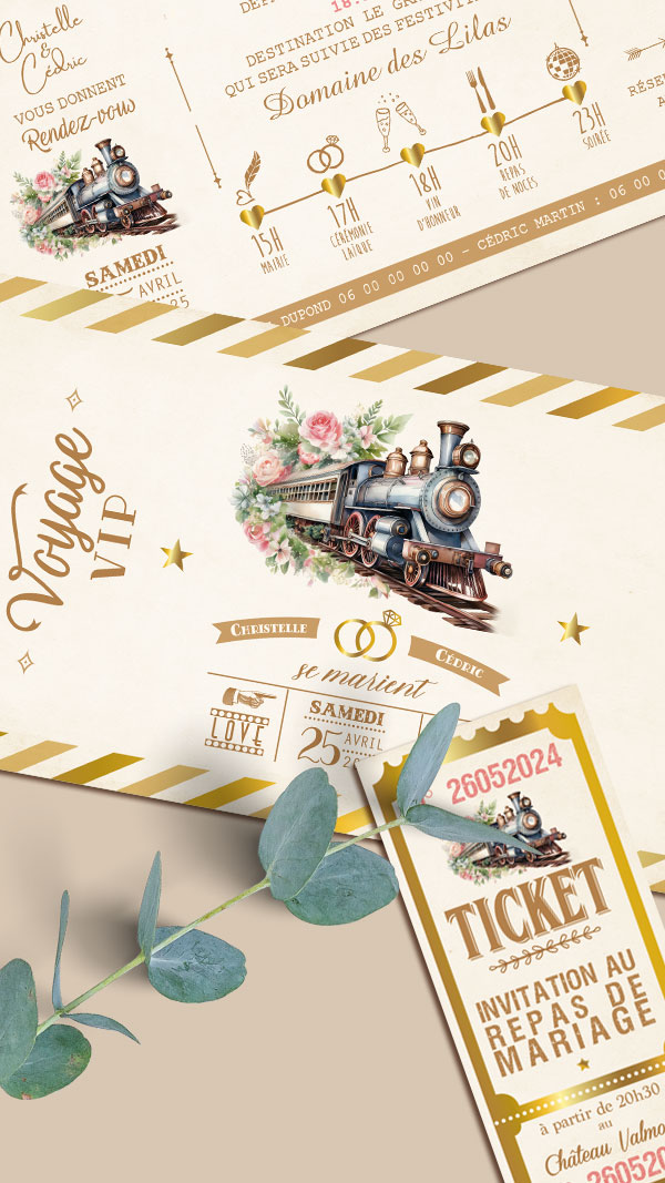 Faire-part original sous forme de billets ou de tickets vintage.Thème Voyage bohème vintage avec train à vapeur rétro en aquarelle pastel. Invitation pour mariage, Baptême, anniversaire, bar mitzvah.