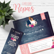 invitation coupon repas et ticket repas vintage sur fond ardoise avec fleurs champêtre et des touches de rose poudré et de vert mint pour un mariage à la campagne chic et rétro