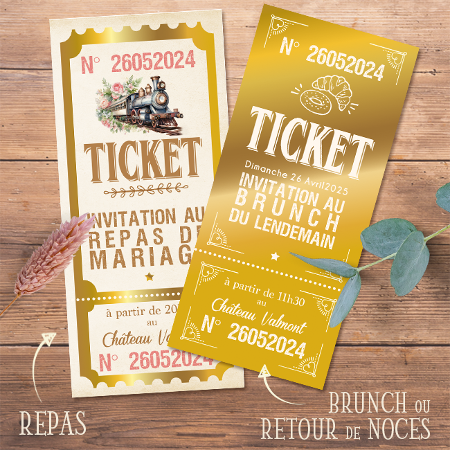Invitation originale pour repas, brunch du lendemain ou retour de Noces vintage. Coupon en forme de ticket de cinéma rétro avec train à vapeur. RSVP pour mariage, Baptême, anniversaire, bar mitzvah.