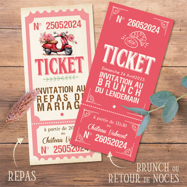 Invitation originale pour repas, brunch du lendemain ou retour de Noces vintage.Coupon en forme de ticket de cinéma rétro vintage Italie Dolce vita rouge et vert pastel. RSVP pour mariage, Baptême, anniversaire, bar mitzvah.