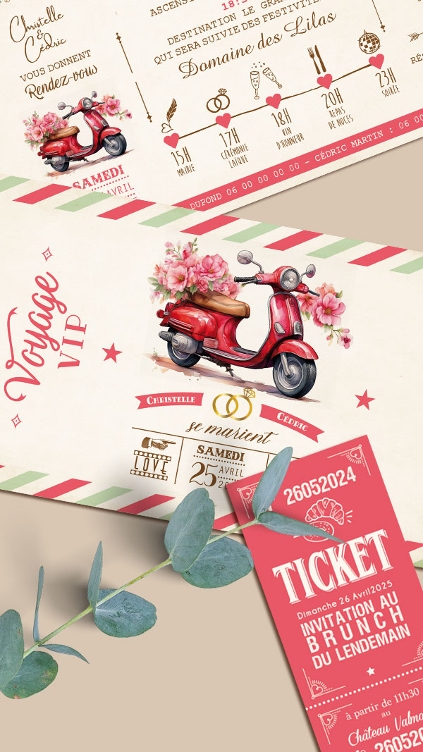 Faire-part original sous forme de billets ou de tickets vintage.Thème Voyage bohème Dolce vita vintage avec mobylette vespa rouge et vert. Invitation aquarelle pour mariage, Baptême, anniversaire, bar mitzvah.