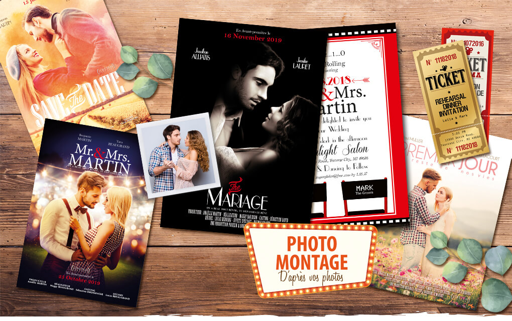 mariage-affiches-cinema Faire-part de mariage affiche de cinéma original photo montage d’après photos. style rétro vintage