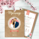 Mariage bohème champêtre nature - Faire-part, invitation - thème campagne rustique avec kraft, dentelle et pois rose pâle. Portraits dessin caricature - chic vintage et romantique.
