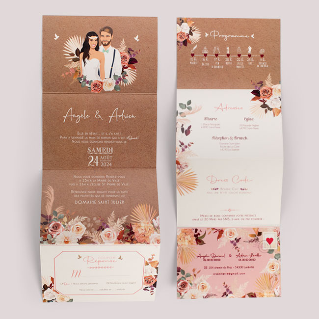 Faire-part de mariage champêtre nature kraft avec fleurs pampa sur fond kraft original - Invitation avec portrait de couple - dessin d’après vos photos. Vieux rose, vert foncé boho