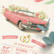 Invitation ou faire-part original sous forme de billets ou de tickets vintage.Thème Voyage ou Road trip en Cadillac rose vintage années 50 ou 60. Invitation aquarelle pour mariage, Baptême, anniversaire, bar mitzvah.