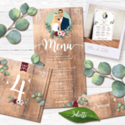 Décoration de mariage bohème chic pastel original – annonce mariage par enfant - minimaliste élégant chic Plan de table bohème, menu, marque-place couleurs vintage bois vintage rose pastel, bordeaux et eucalyptus vert mint - marque-place écriture feuille Création Pamela Gonzalez pour le Studio-postscriptum