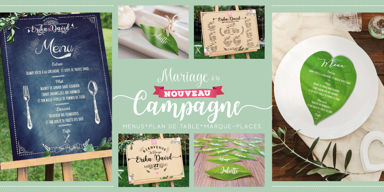 mariage-champetre-campagne Collection Mariage à la campagne - plan de table, panneau, marque-places et menus champêtre nature campagne chic original