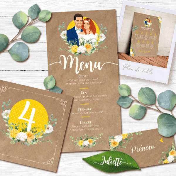 Faire-part de mariage champêtre original – kraft romantique rustique - nature campagne chic Couple en dessin d’après vos photos avec vintage fleurs couleurs jaune pastel et bleu vert mint avec des branches d’eucalyptus. style champêtre chic, campagne rustique. Invitation de mariage avec programme pictogramme dessins en ligne - Coupons réponse RSVP et ticket repas et ticket brunch, Plan de table, menu - Création Pamela Gonzalez pour le Studio-postscriptum #fairepartkraft #fairepartmariagechampetre #fairepartmariagejaune #mariagechampetrejaune