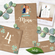 Faire-part de mariage champêtre original – kraft romantique rustique - nature campagne chic Couple en dessin d’après vos photos avec vintage fleurs couleurs bleu pastel et bleu vert mint avec des branches d’eucalyptus. style champêtre chic, campagne rustique. Invitation de mariage avec programme pictogramme dessins en ligne - Coupons réponse RSVP et ticket repas et ticket brunch, Plan de table, menu - Création Pamela Gonzalez pour le Studio-postscriptum #fairepartkraft #fairepartmariagechampetre #fairepartmariagemint #mariagechampetremint