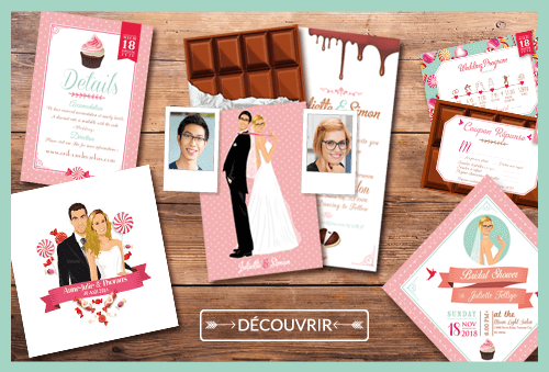 mariage-chocolat-fairepart-bonbon Faire-part de mariage original gourmandise chocolat bonbon candybar et cupcake romantique vintage poudré pois Faire-part, invitation, carton repas, save the date, menu, plan de table, coupon réponse - Portraits dessin caricature - chic vintage et romantique