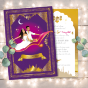 Mariage oriental 1001 nuits - faire-part original, invitation ou save the date sur tapis volant comme Aladdin et Shéhérazade. Portraits dessin caricature - blanc or et violet Bollywood chic vintage et romantique.