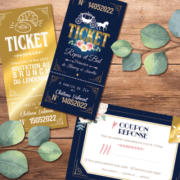 Coupons réponse RSVP et ticket repas et ticket brunch mariage princesse. carrosse et château Disney de la belle au bois dormant. Style romantique chic. Couleurs or doré, rose bleu foncé nuit Création de Pamela Gonzalez pour le studio postscriptum