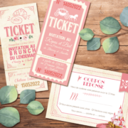 Coupons réponse RSVP et ticket repas et ticket brunch.Style romantique chic. Couleurs or doré, rose poudré pastel,beige crème vintage Invitation de mariage avec programme en ligne avec horaires, pictogrammes et dessins. Création de Pamela Gonzalez pour le studio postscriptum