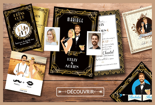 mariage-retro-vintage-fairepart-original Faire-part mariage original thème rétro vintage années folles affiche film gatsby hollywood des 20's. Faire-part, invitation, carton repas, save the date, menu, plan de table, coupon réponse avec great gatsby noir et or dress code charleston . Portraits dessin caricature - chic vintage et romantique.