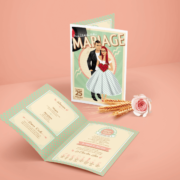 Faire-part de mariage sur le thème musique Rock aux couleurs pastel vintage – avec perfecto et robe à pois pour ajouter une touche Rock’n Love à votre mariage