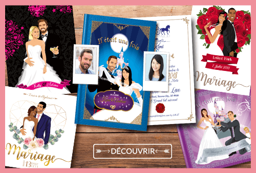 mariage-romantique-fairepart-princesse Faire-part mariage original romantique thème princesse, il était une fois, livre conte de fées avec diadème carrosse et château belle au bois dormant. Faire-part, invitation, carton repas, save the date, menu, plan de table, coupon réponse cendrillon, reine des neiges et baroque noir et blanc avec du rose fuschia. Portraits dessin caricature - chic vintage et romantique.
