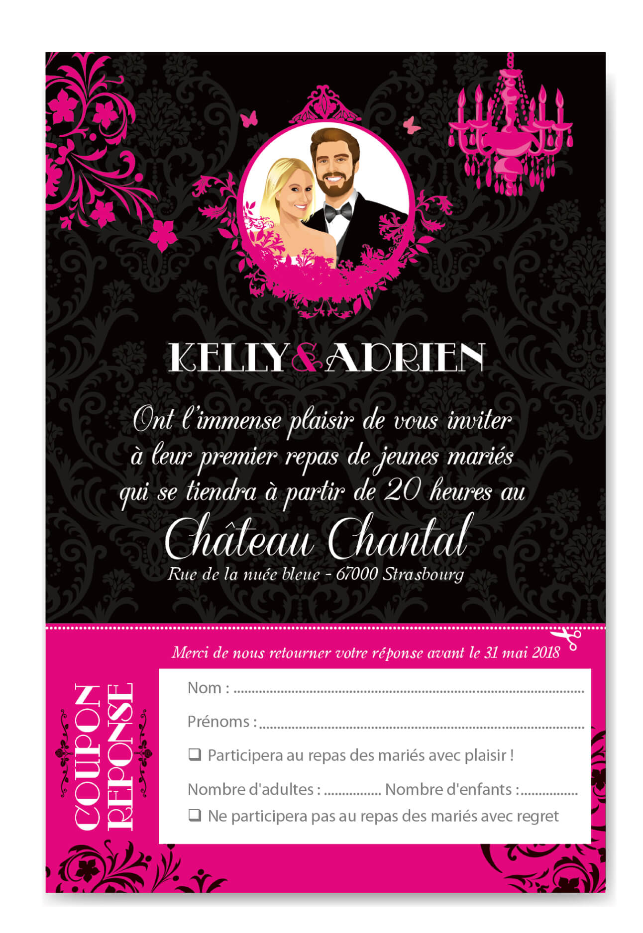 mariagetcouponinvitationbaroquenoirfuschiareponserepas Studio Postscriptum