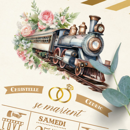 Faire-part original sous forme de billets ou de tickets vintage.Thème Voyage bohème vintage avec train à vapeur rétro en aquarelle pastel. Invitation pour mariage, Baptême, anniversaire, bar mitzvah.