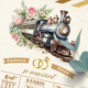 Faire-part original sous forme de billets ou de tickets vintage.Thème Voyage bohème vintage avec train à vapeur rétro en aquarelle pastel. Invitation pour mariage, Baptême, anniversaire, bar mitzvah.