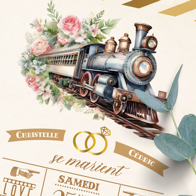 Faire-part original sous forme de billets ou de tickets vintage.Thème Voyage bohème vintage avec train à vapeur rétro en aquarelle pastel. Invitation pour mariage, Baptême, anniversaire, bar mitzvah.