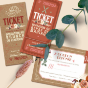 Invitation ticket mariage terracotta et kraft - thème bohème nature original avec fleurs séchées de pampa - kraft, vert sapin, rouge bordeaux, terre de sienne, mint et rose poudré pastel