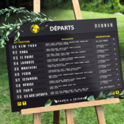 Plan de table aéroport original pour un mariage, sous forme de panneau d'embarquement (departures boarding) d'avion avec un style vintage rétro - panneau départ avions - www.studio-postscriptum.fr