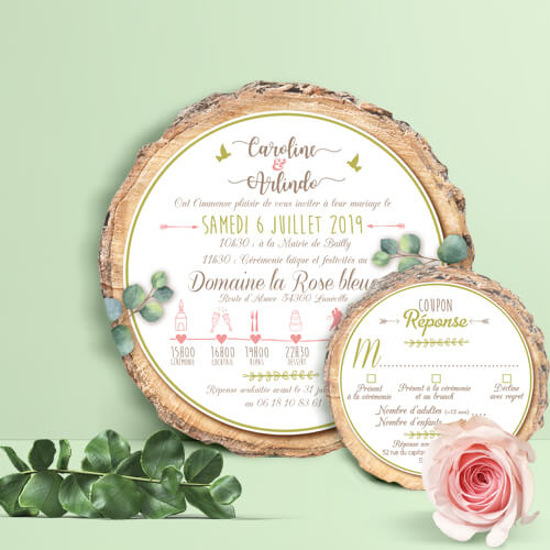 Faire-part de mariage champêtre - rondelle de bois pastel bohème - vintage fleurs couleurs pastel Vert mint, rose poudré, rose corail, vert eau - invitation originale