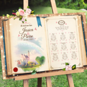 Plan de table de mariage original sous forme de livre de conte de fées Style château de la Belle au bois dormant Disney pour un mariage sur le thème Cendrillon romantique © www.alpagart.fr