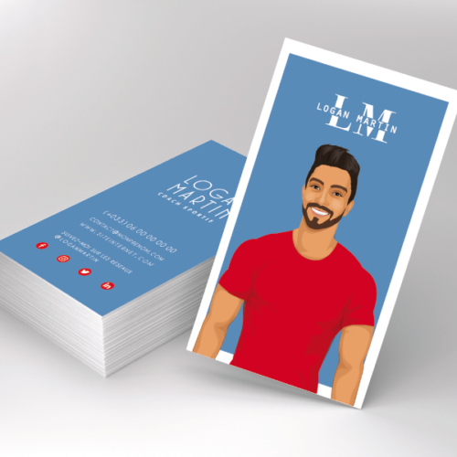 Démarquez-vous avec un portrait à votre image pour votre profil de réseaux sociaux professionnel, que vous soyez travailleur indépendant, freelance ou auto-entrepreneur. Retrouvez votre caricature sur votre carte de visite originale pour une image et une communication personnelle. Vous êtes coach sportif, professeur de yoga, de zumba ou de fitness, agent etc