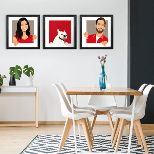 Portrait de couple en dessin d'après vos photos. Réalisez un tableau original de votre couple. Personnifiez votre intérieur à votre image avec des portraits en dessins originaux réalisés d'après vos photos avec votre chien ou chat. Apportez une petite touche originale, personnelle et drôle à votre décoration d'intérieur avec ces tableaux aux couleurs personnalisables. Idée de cadeau idéal pour la saint valentin, en guise de tête de lit originale, dans votre salon ou dans votre bureau, vous aurez toujours votre moitié sous les yeux ! Un vrai cadeau original pour Noël ou un anniversaire de mariage !