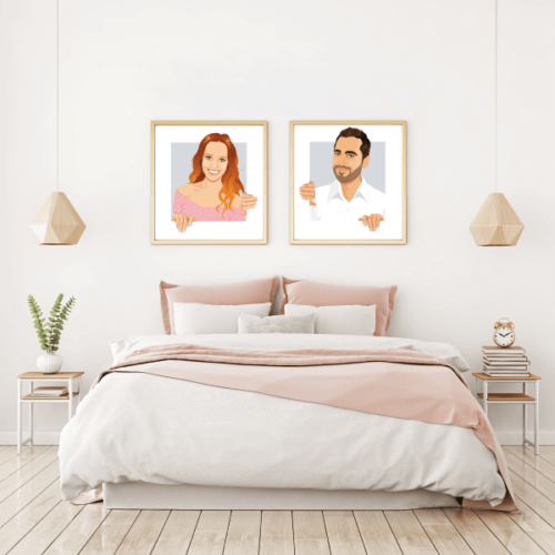 Portrait de couple en dessin d'après vos photos. Réalisez un tableau original de votre couple. Personnifiez votre intérieur à votre image avec des portraits en dessins originaux réalisés d'après vos photos. Apportez une petite touche originale, personnelle et drôle à votre décoration d'intérieur avec ces tableaux aux couleurs personnalisables. Idée de cadeau idéal pour la saint valentin, en guise de tête de lit originale, dans votre salon ou dans votre bureau, vous aurez toujours votre moitié sous les yeux ! Un vrai cadeau original pour Noël ou un anniversaire de mariage !