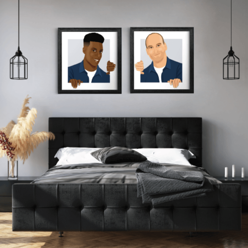 Portrait de couple en dessin d'après vos photos. Réalisez un tableau original de votre couple. Personnifiez votre intérieur à votre image avec des portraits en dessins originaux réalisés d'après vos photos. Apportez une petite touche originale, personnelle et drôle à votre décoration d'intérieur avec ces tableaux aux couleurs personnalisables. Idée de cadeau idéal pour la saint valentin, en guise de tête de lit originale, dans votre salon ou dans votre bureau, vous aurez toujours votre moitié sous les yeux ! Un vrai cadeau original pour Noël ou un anniversaire de mariage !