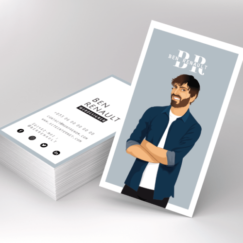 Démarquez-vous avec un portrait à votre image pour votre profil de réseaux sociaux professionnel, que vous soyez travailleur indépendant, freelance ou auto-entrepreneur. Retrouvez votre caricature sur votre carte de visite originale pour une image et une communication personnelle. Vous êtes coach, thérapeute, graphiste, webdesigner, informaticien, développeur, conseiller, coiffeur, blogueur, influenceur, instagrameur, créateur de contenue, styliste, chef à domicile, professeur, etc