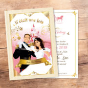 faire-part de mariage original romantique conte de fée, princesse, cendrillon prince charmant Il était une fois Couple de mariés en prince charmant et princesse style cendrillon - fond crème beige or et rose poudré avec le château de la Belle au bois dormant