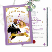 faire-part de mariage original romantique conte de fée, princesse, cendrillon prince charmant Il était une fois Couple de mariés en prince charmant et princesse style cendrillon - fond or violet parme lilas et blanc avec le château de la Belle au bois dormant