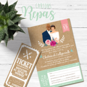 Coupon - invitation au repas de mariage style vintage rétro - effet kraft vieux papier champêtre - vert tendre pastel Ticket cinéma vintage champêtre