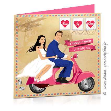 save-the-date-vespa-vintage Save the date annonce de mariage original romantique – Bohème chic Couple sur vespa avec fond kraft – rétro vintage vieux airmail courrier Bobo chic – Hippy chic – fun décalé – drôle