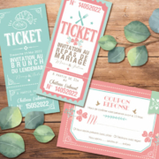 Coupons repas pour invitation de mariage - thème romantique chic rose , bleu vert mint corail , coeurs rose pastel poudré - Style amour minimaliste romantique - coupons réponse RSVP et ticket repas et ticket brunch