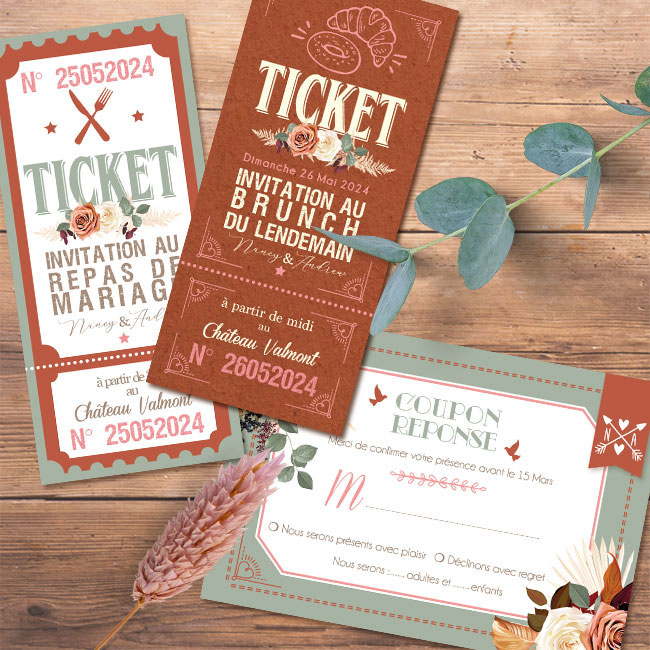 Invitation ticket mariage terracotta et sauge - thème bohème nature original avec fleurs séchées de pampa - kraft, vert sapin, rouge bordeaux, terre de sienne, mint et rose poudré pastel