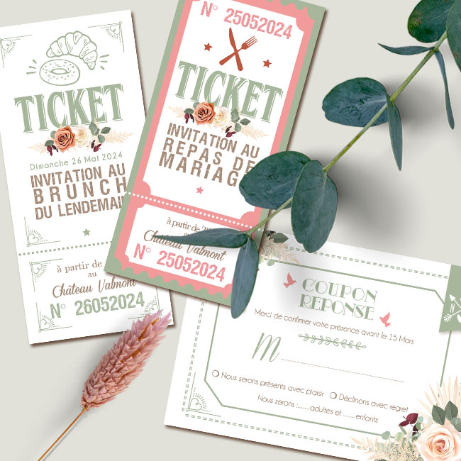 Invitation ticket mariage vert sauge bohème nature original avec fleurs séchées de pampa - Terracotta, vert sapin,, rouge bordeaux, terre de sienne, mint et rose poudré pastel