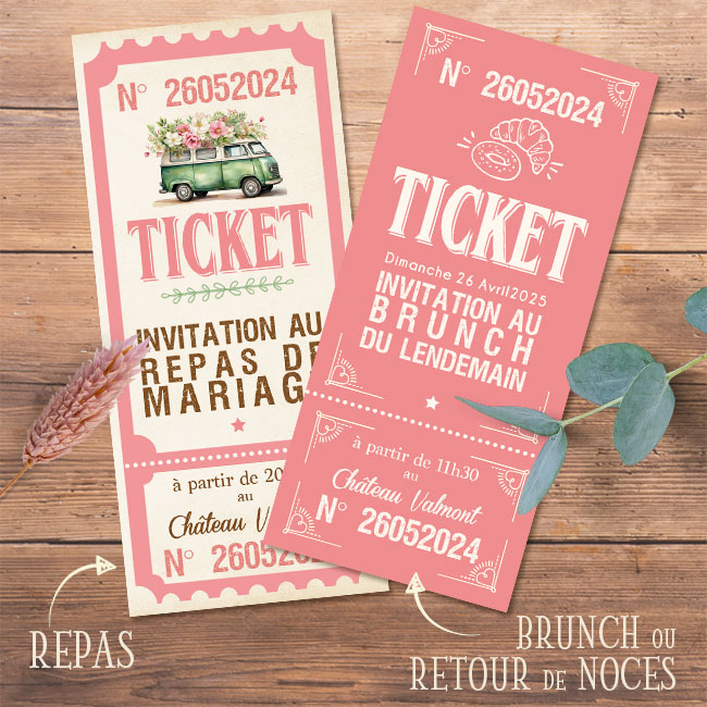 Carton d'invitation pour repas, brunch du lendemain ou retour de Noces vintage.Coupon en forme de ticket de cinéma rétro vintage rose et vert pastel. RSVP pour mariage, Baptême, anniversaire, bar mitzvah.