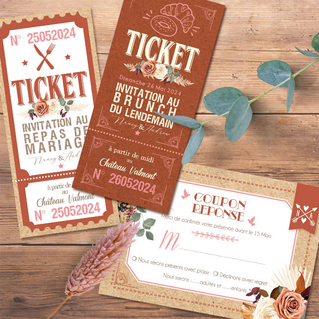 Invitation ticket mariage terracotta et sauge - thème bohème nature original avec fleurs séchées de pampa - kraft, vert sapin, rouge bordeaux, terre de sienne, mint et rose poudré pastel