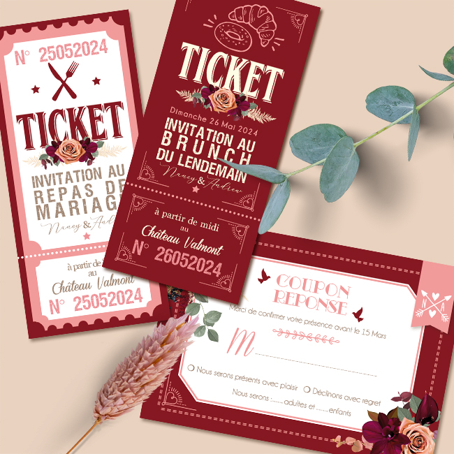 Ticket repas de mariage bohème bordeaux et blanc - nature pampa - Invitation vintage et coupon réponse