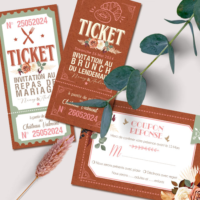 Ticket repas de mariage bohème terracotta brique et mint - nature pampa - Invitation vintage et coupon réponse
