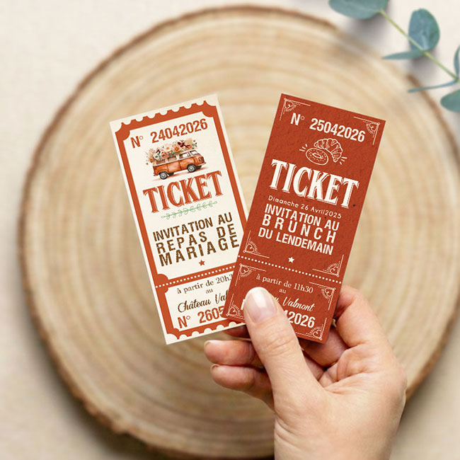 Ticket d'invitation Bohème terracotta original sous forme de billets ou de tickets vintage.Thème Voyage bohème vintage avec van combi volkswagen terracotta et fleurs de pampa Invitation vanlife pour mariage, Baptême, anniversaire, bar mitzvah